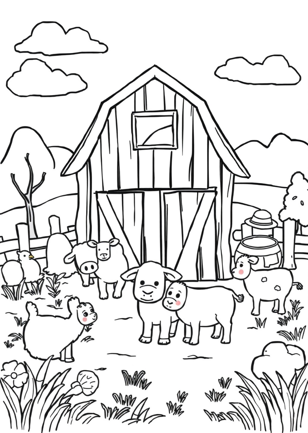 Ausmalbild: Bauernhof-Szene