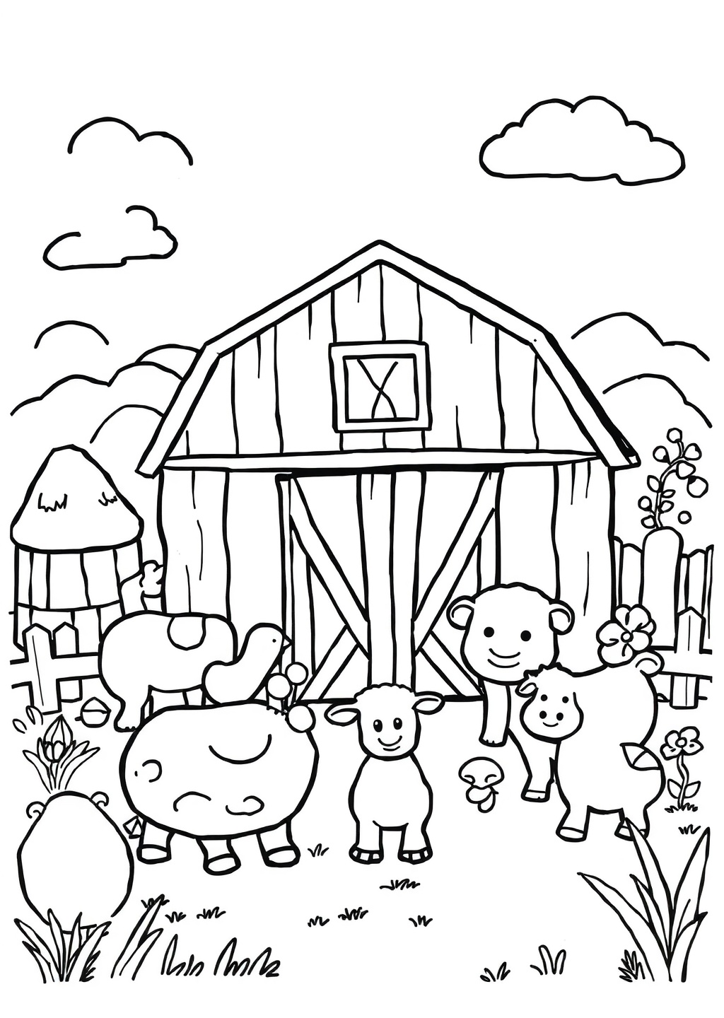 Ausmalbild: Bauernhof-Szene