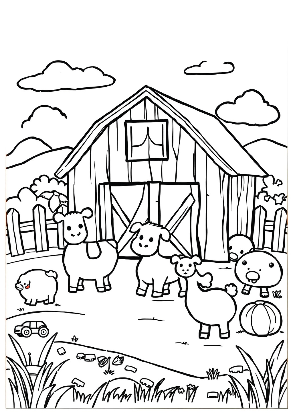 Ausmalbild: Bauernhof-Szene