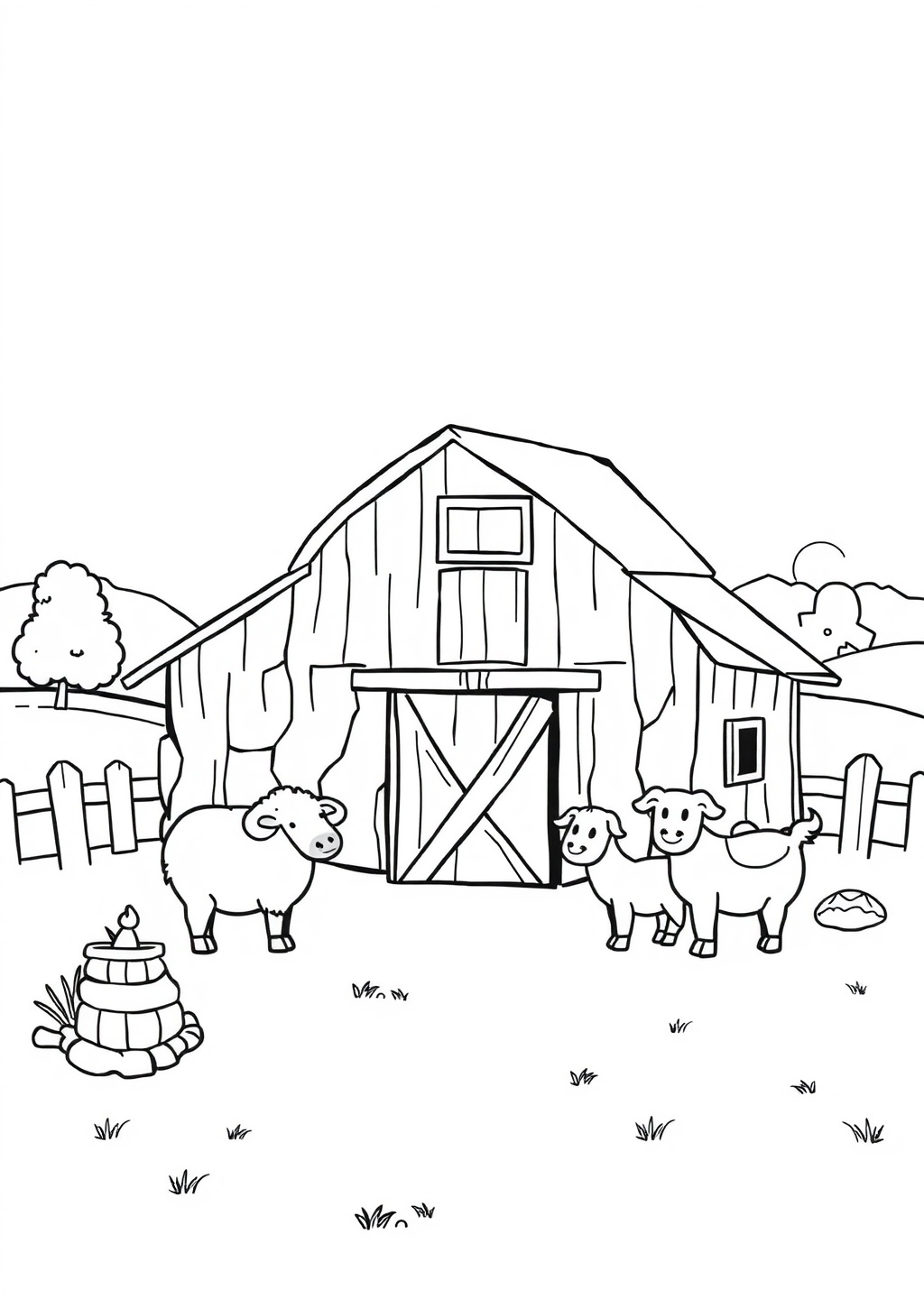 Ausmalbild: Bauernhof-Szene