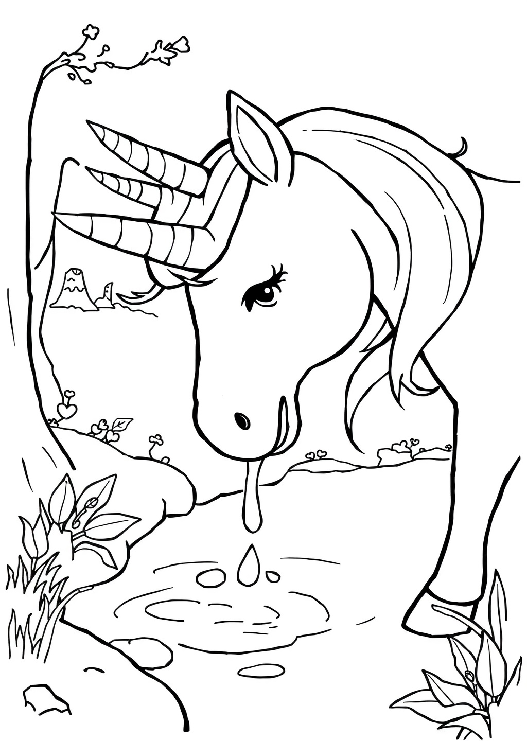 Ausmalbild: Einhorn im Wald