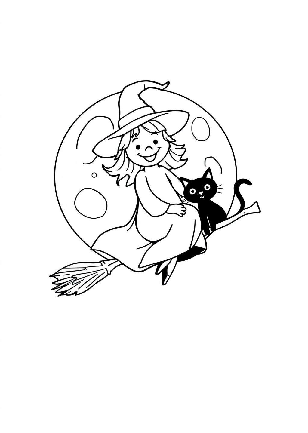 Ausmalbild: Hexe auf Besen
