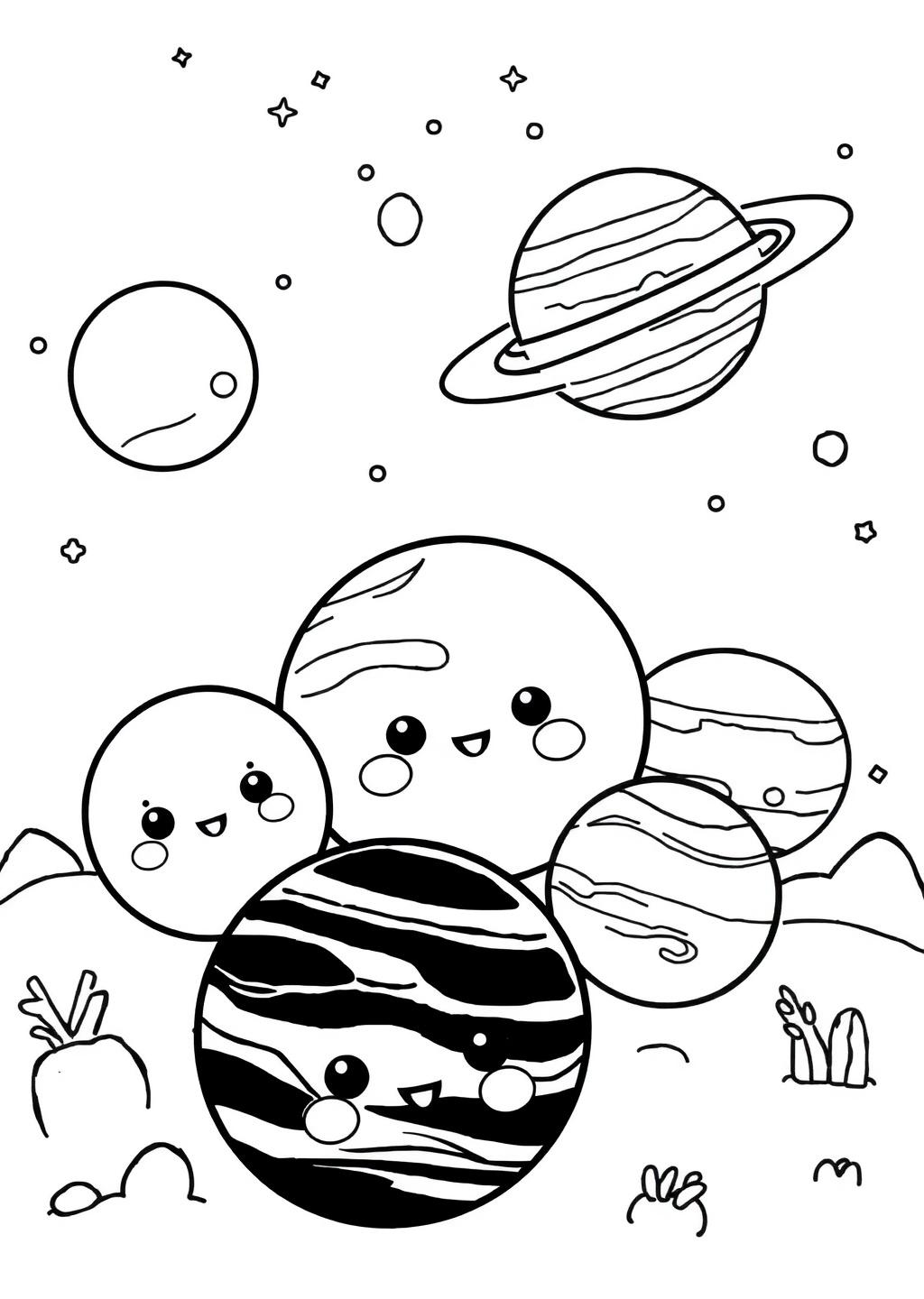 Ausmalbild: Kawaii Planeten